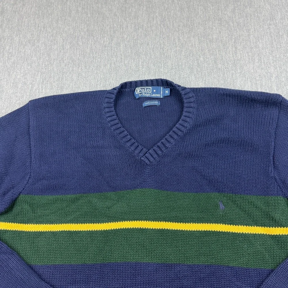 Vintage Polo Ralph Lauren Sweater Mens Medium Blue V Neck‎ Pullover Cotton Knit